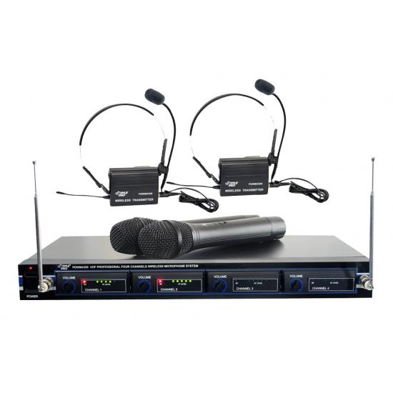 Sistema VHF 4 micrfonos inalambricos de mano y de petaca (solapa y diadema)  Pyle PDWM4300