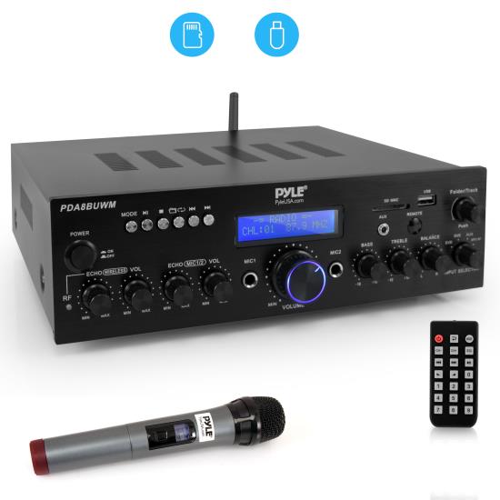Amplificador de cine en casa Bluetooth, micrfono inalmbrico UHF Pyle PDA8BUWM