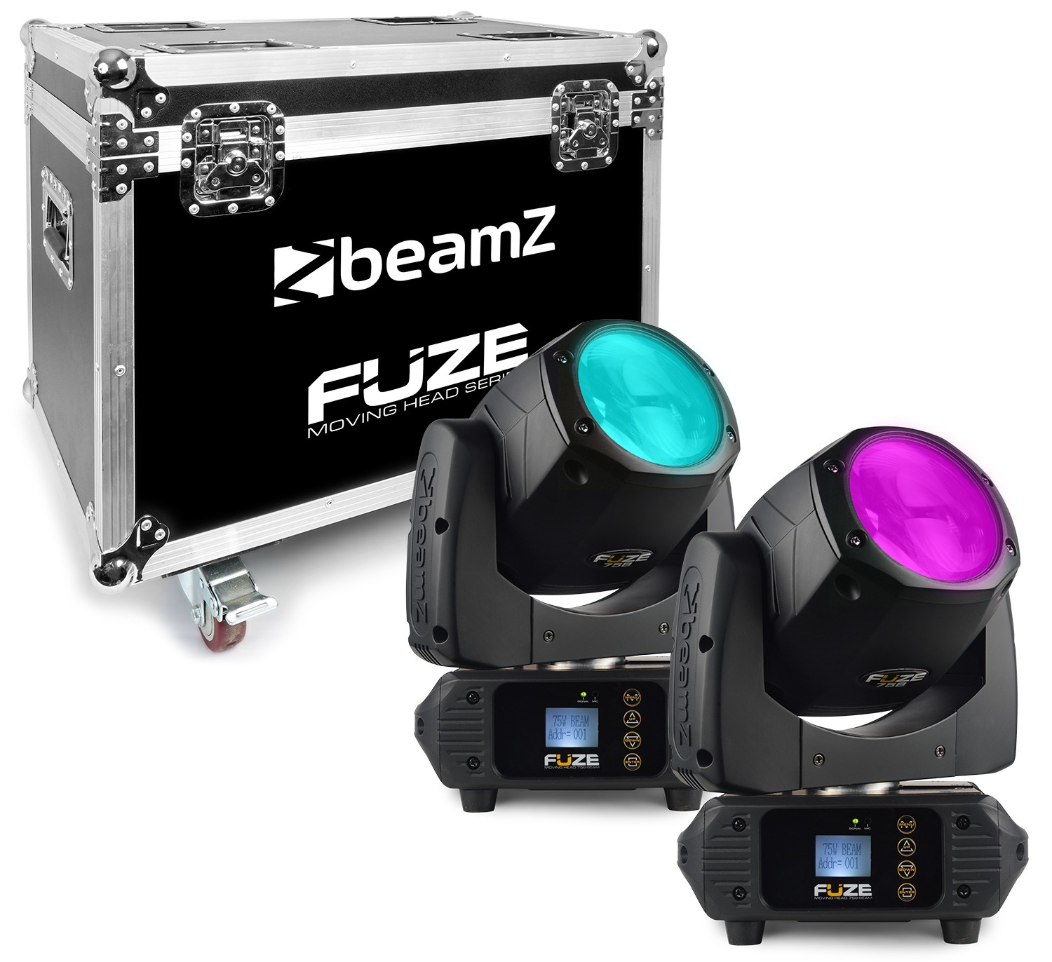 El cabezal mvil LED Fuze75B Beam 75W coloc 2 piezas en Flightcase BeamZ Fuze75B