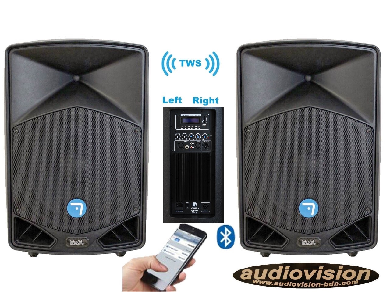 altavoces via amplificados 350Wrms/1200Wx2=2400w BT tws stereo sin cables USB SD Seven  PACK SV-12APRO bt TWS