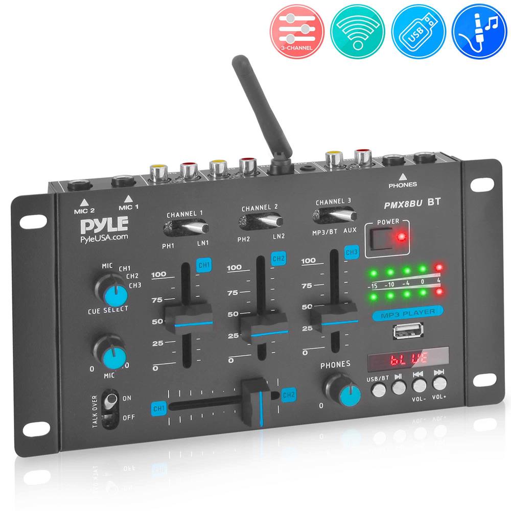 Mezclador de sonido inalámbrico para DJ (3 canales, compatible con Bluetooth, micrófono, lector USB, doble entrada de teléfono/ Pyle PMX8BU