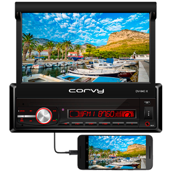 Corvy DV-940 X Radio 1 din Android con pantalla táctil capacitiva de 7” .  Con carátula extraíble y pantalla motorizada